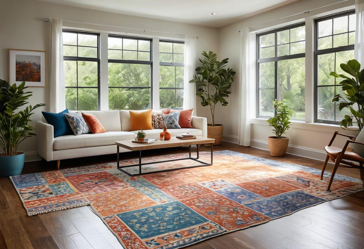 A bright, inviting living room featuring various types of joyful flooring options, including colorful tiles, patterned rugs, and hardwood, that seamlessly blend together. Large windows allow natural sunlight to illuminate the space, showcasing plants and cheerful decor. People of diverse backgrounds happily engaging and enjoying their transformed space. cozy and welcoming atmosphere. super-realistic. vibrant colors. soft textures.