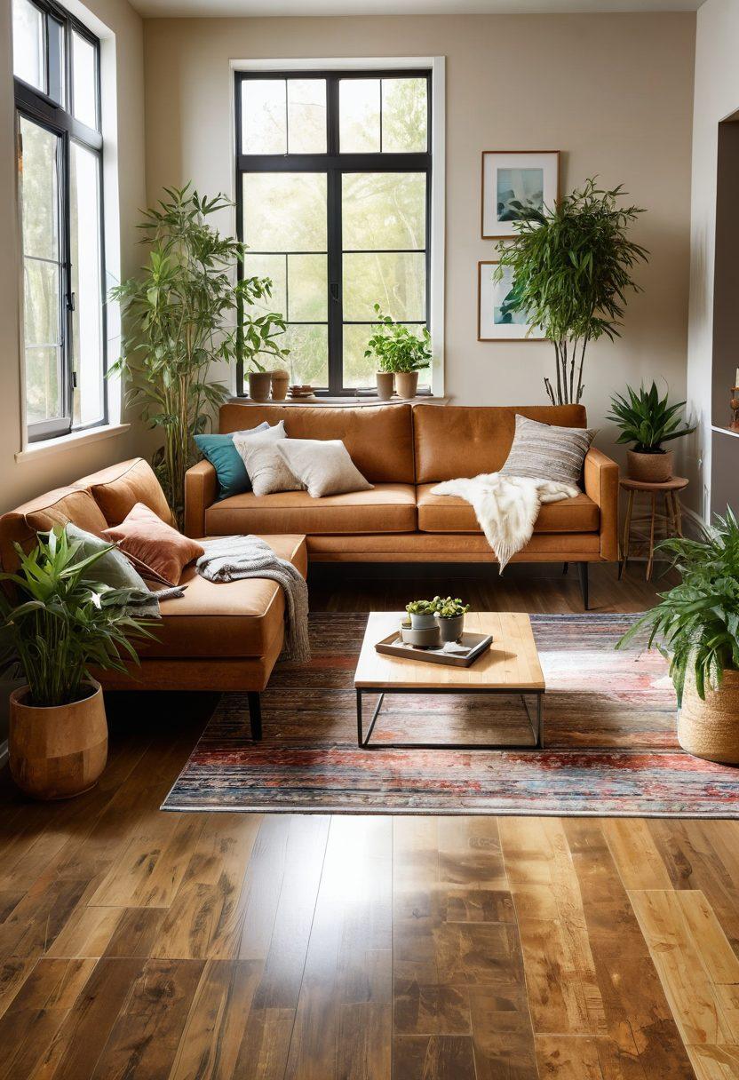 A cozy living room showcasing beautiful, affordable, and sustainable flooring options, with different styles like bamboo, cork, and reclaimed wood. Include plants and natural light streaming through windows to emphasize eco-friendliness. Feature a family happily enjoying the space, surrounded by warm colors and modern furniture. super-realistic. vibrant colors.