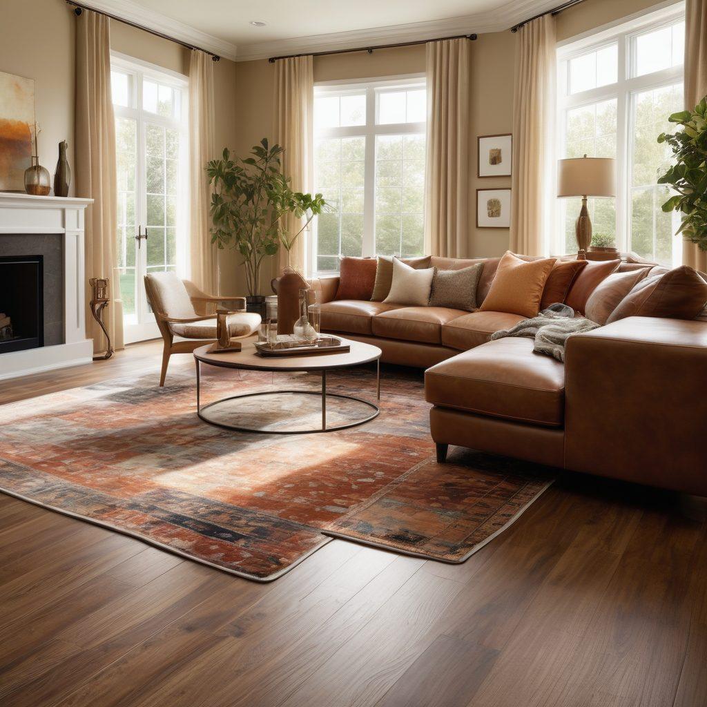 A cozy living room showcasing various flooring options, including plush carpets in warm earth tones, elegant hardwood, and glossy vinyl tiles. The scene is filled with natural light streaming through large windows, highlighting the textures and designs of the different floors. Add decorative elements like stylish furniture and vibrant rugs to enhance the atmosphere of comfort and luxury. modern interior design. soft lighting. vibrant colors. super-realistic.